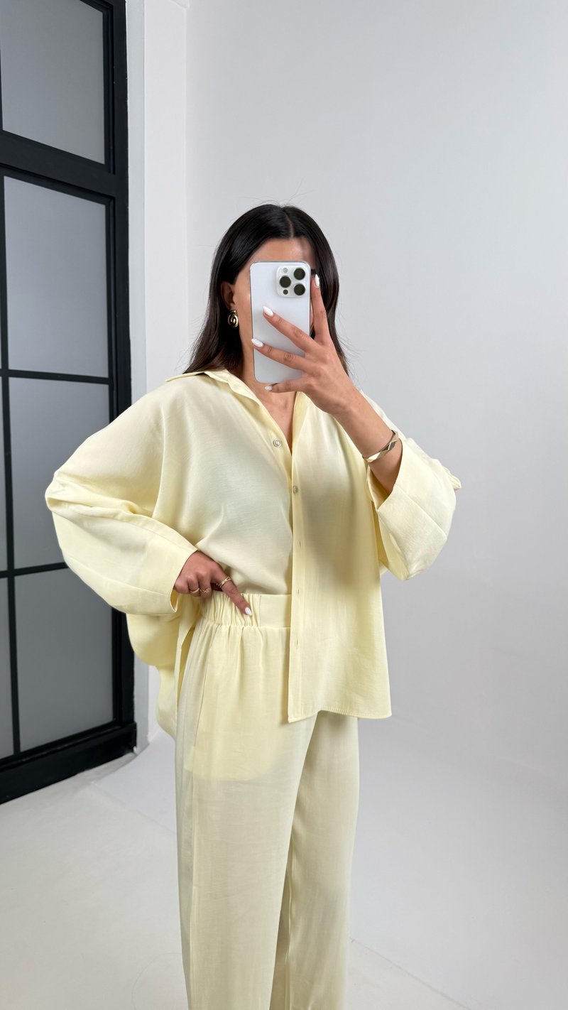 Sarı Önü Düğmeli Gömlek Beli Lastikli Cepli Pantolon MD Muadil Tencel Takım TNCL01 Gaus00390