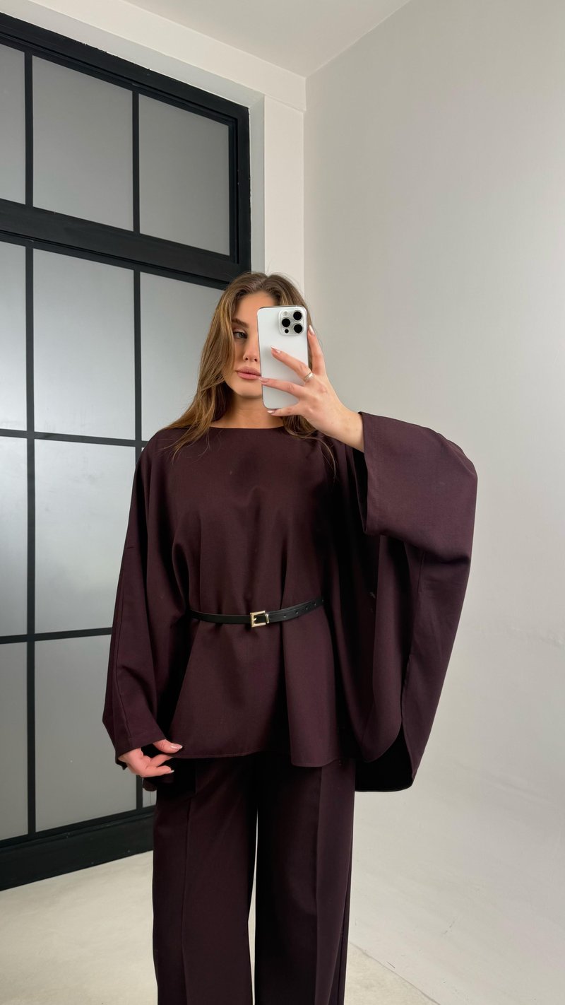 Mürdüm Kemerli Pelerinli Panço Beli Lastikli Pantolon Premium Takım GAUS-00989