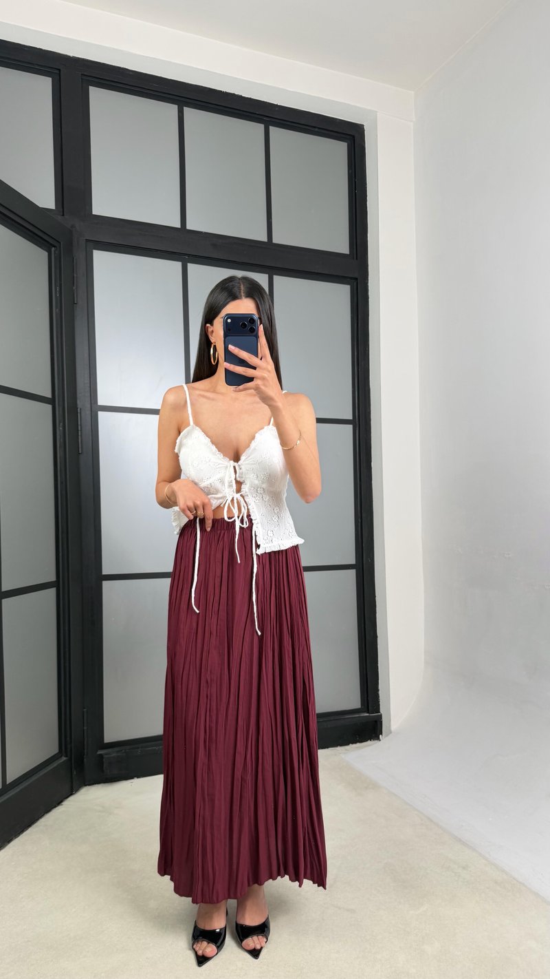 Bordo Beli Lastikli Kırışık Kumaş Etek GAUS-01320