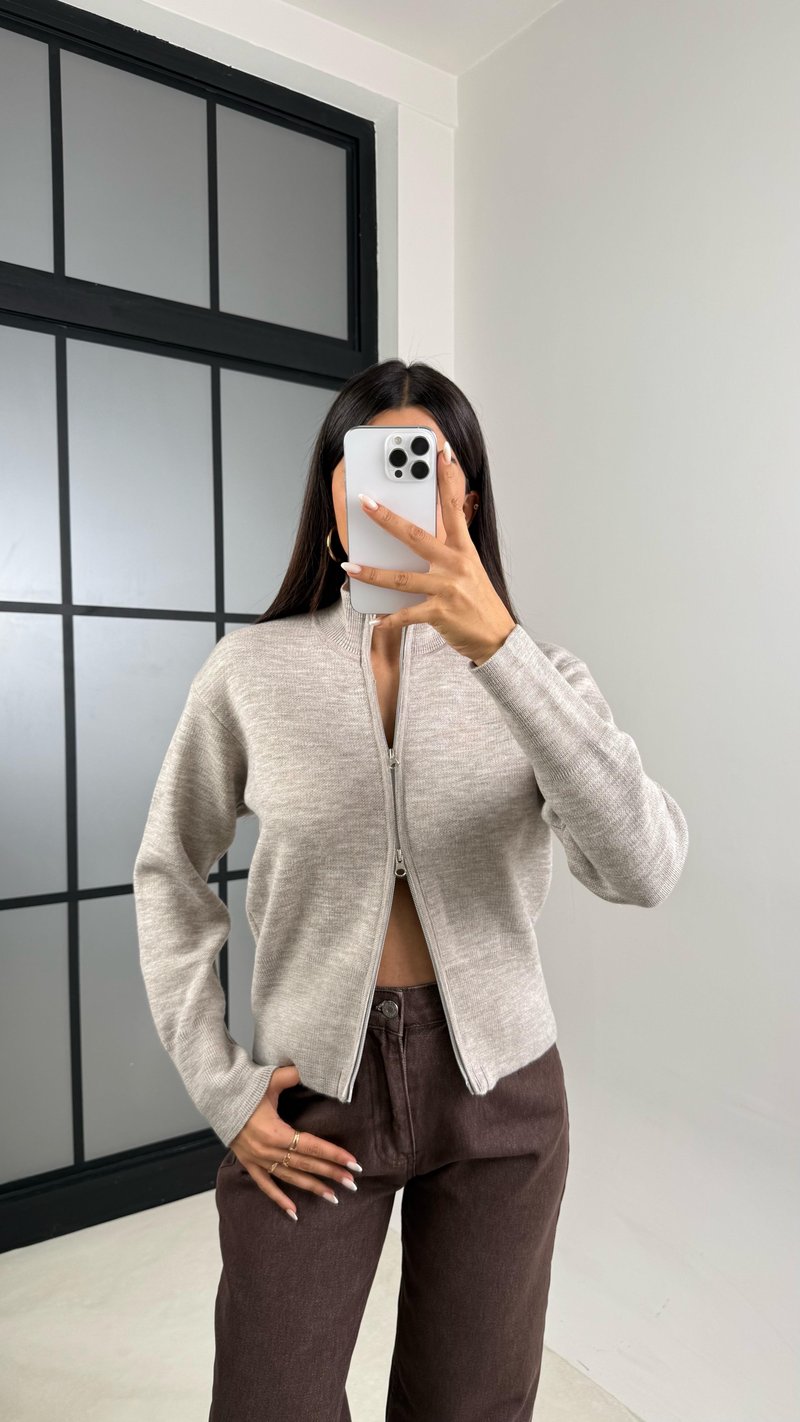 Bej Çift Fermuarlı Triko Hırka GAUS-00534
