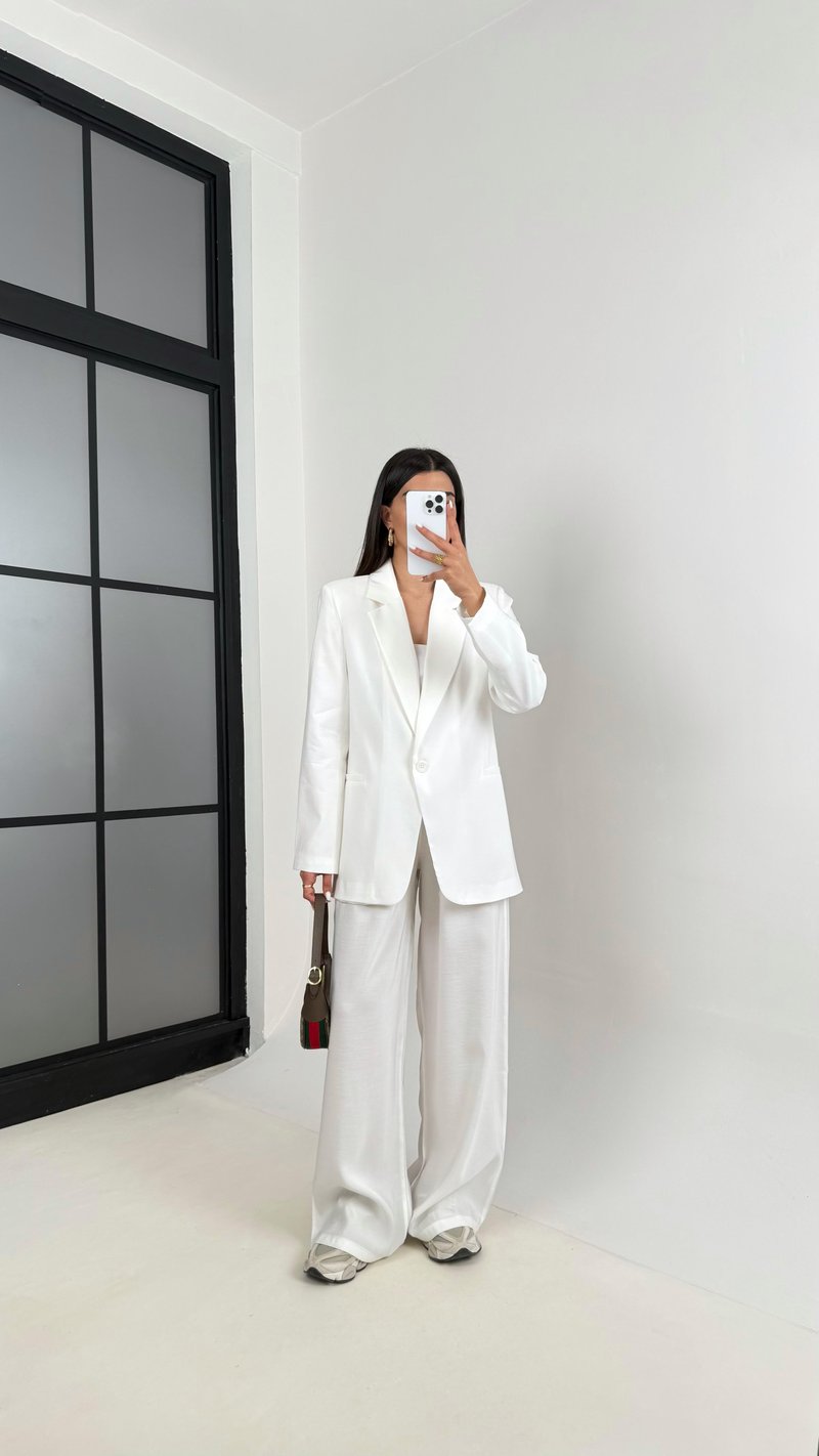 Beyaz Astarlı Blazer Ceket Beli Lastikli Pantolon Tensel Takım Gaus00444