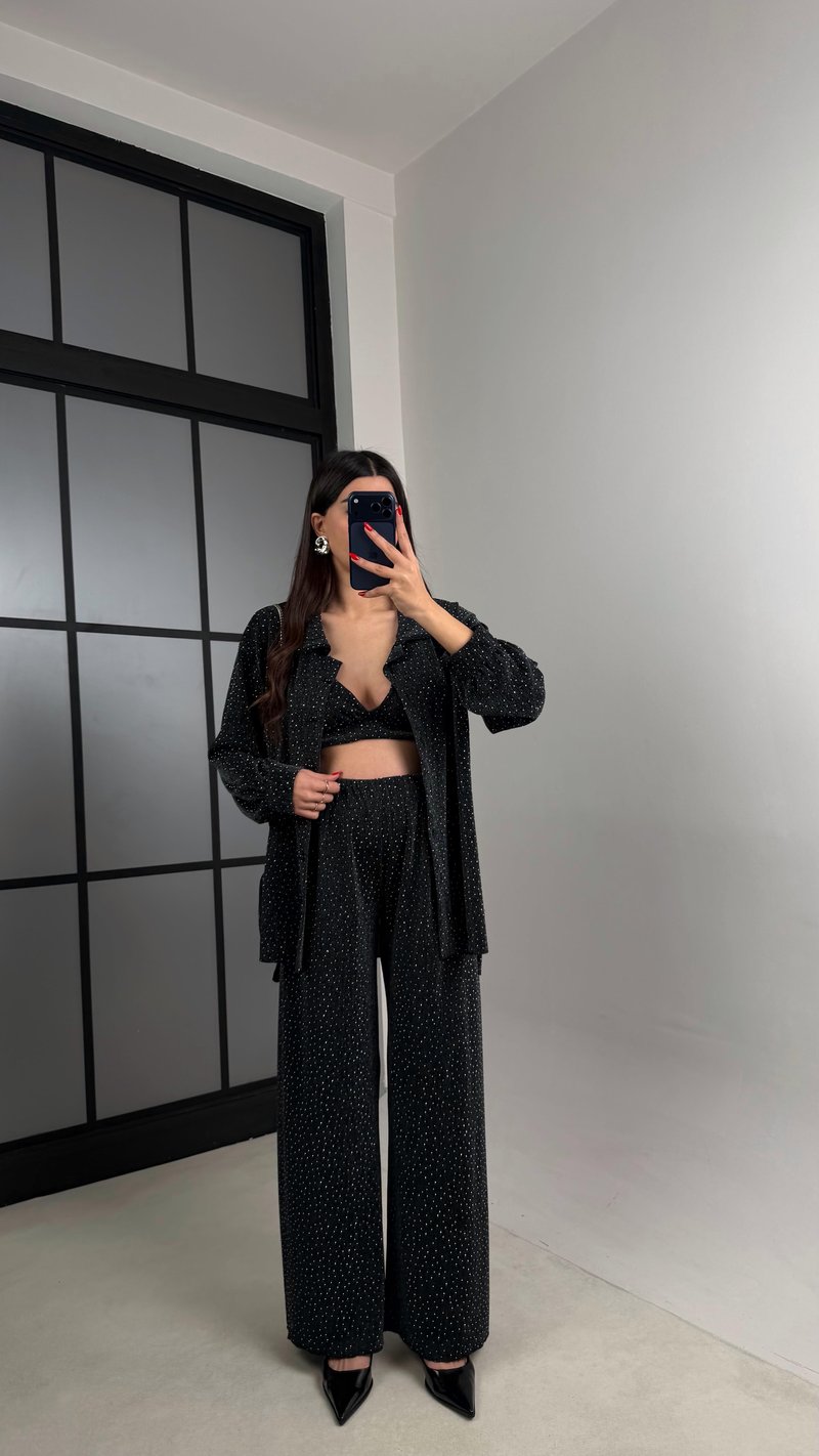 Siyah Taş Detaylı Gömlek Crop Beli Lastikli Pantolon Tasarım Takım GAUS-00919