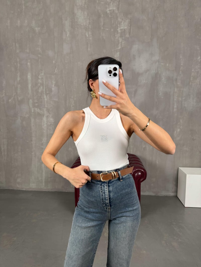 Beyaz Taş Baskılı Sıfır Kol Tshirt Gaus00046