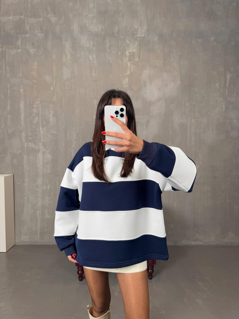 Nicol Lacivert Beyaz Çizgili ZR Model Sweatshirt