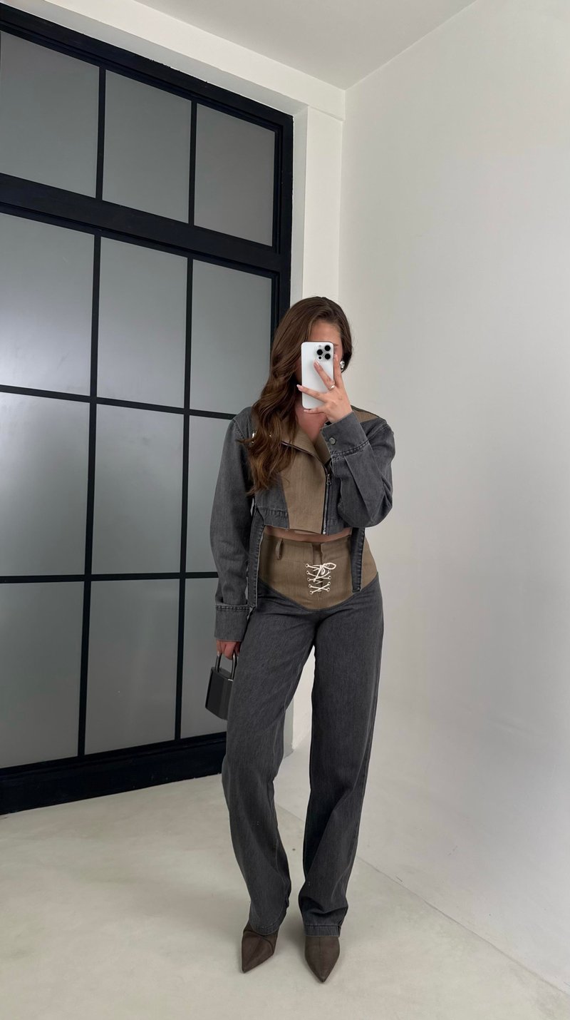 Füme İki Renkli Ceket Pantolon Tasarım Denim Takım GAUS-00445