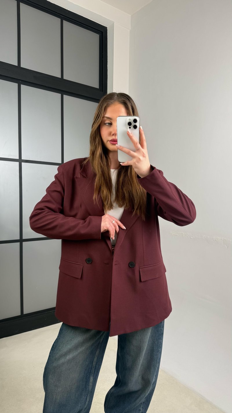 Bordo Astarlı Vatkalı Cep Detaylı Blazer Ceket GAUS-01158