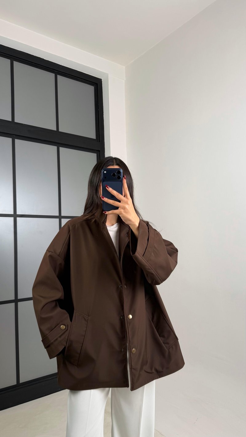 Acı Kahve Çıtçıt Düğmeli Astarlı Oversize Premium Ceket GAUS-00794