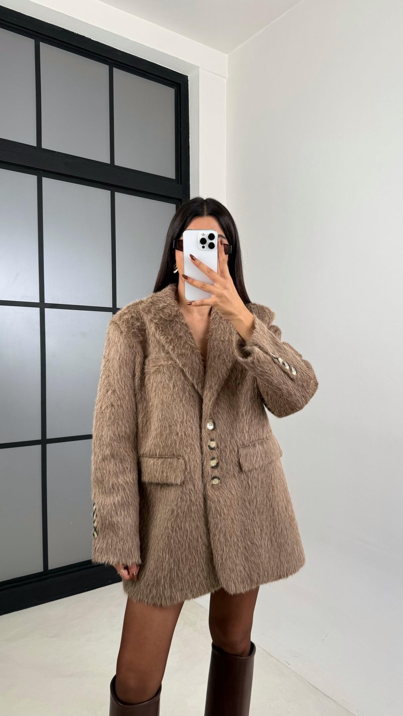 Kahve Astarlı Vatkalı Keçe Kumaş Blazer Ceket GAUS-00225