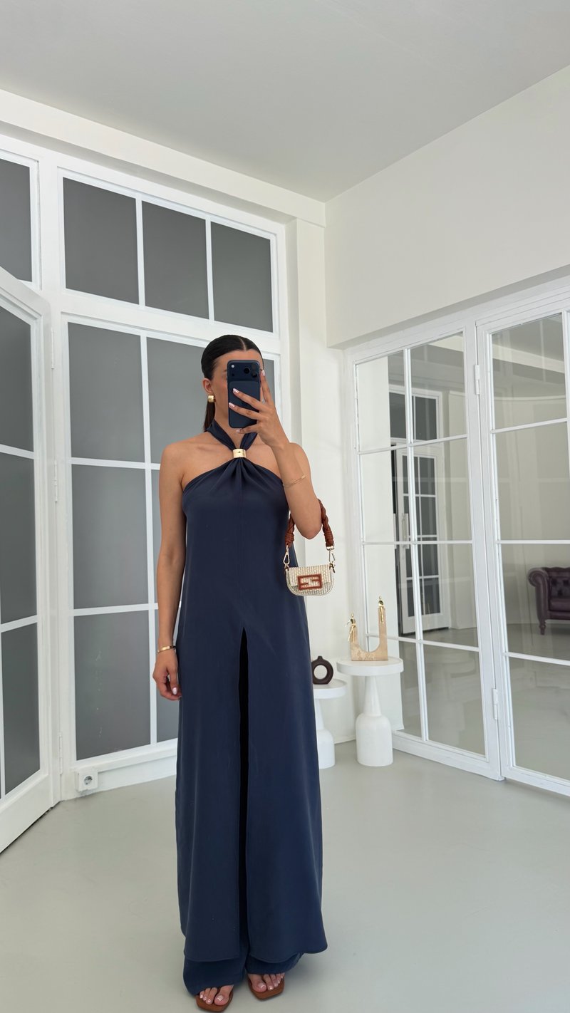 Lacivert Tulum Görünümlü Bluz Pantolon İkili Premium Takım GAUS-01738