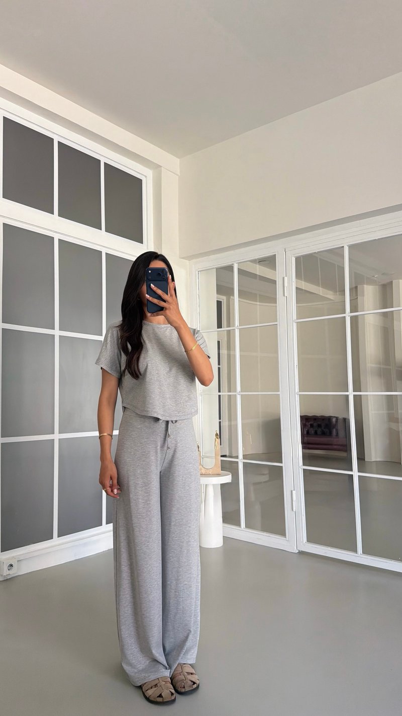 Gri Bluz Beli Lastikli Pantolon İkili Basic Takım GAUS-01712