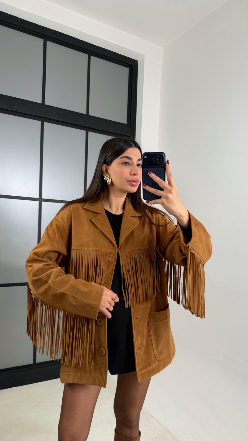 Camel Püskül Detaylı Astarlı Süet Ceket GAUS-00682