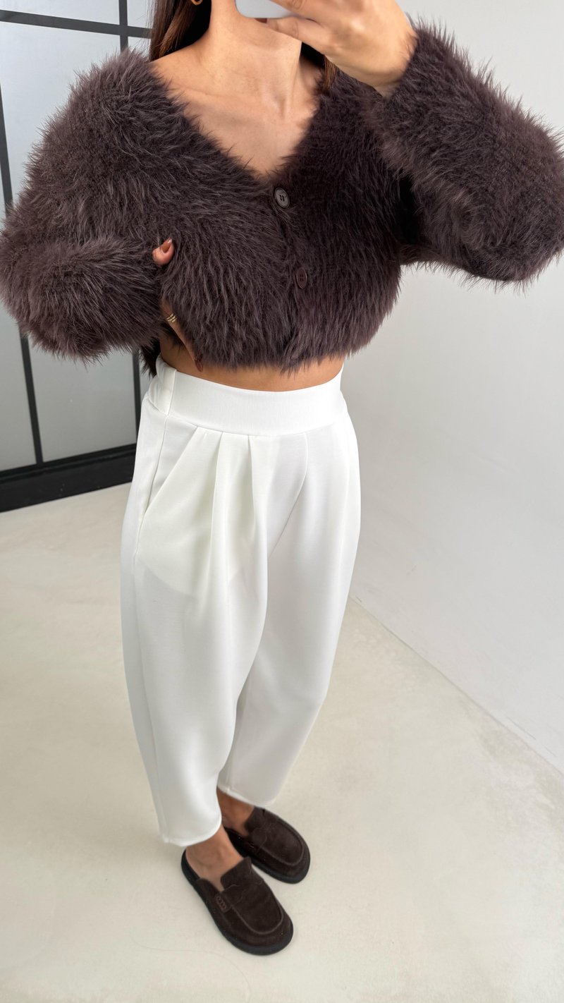 Beyaz Beli Lastikli Modal Kumaş Şalvar Pantolon GAUS-00210
