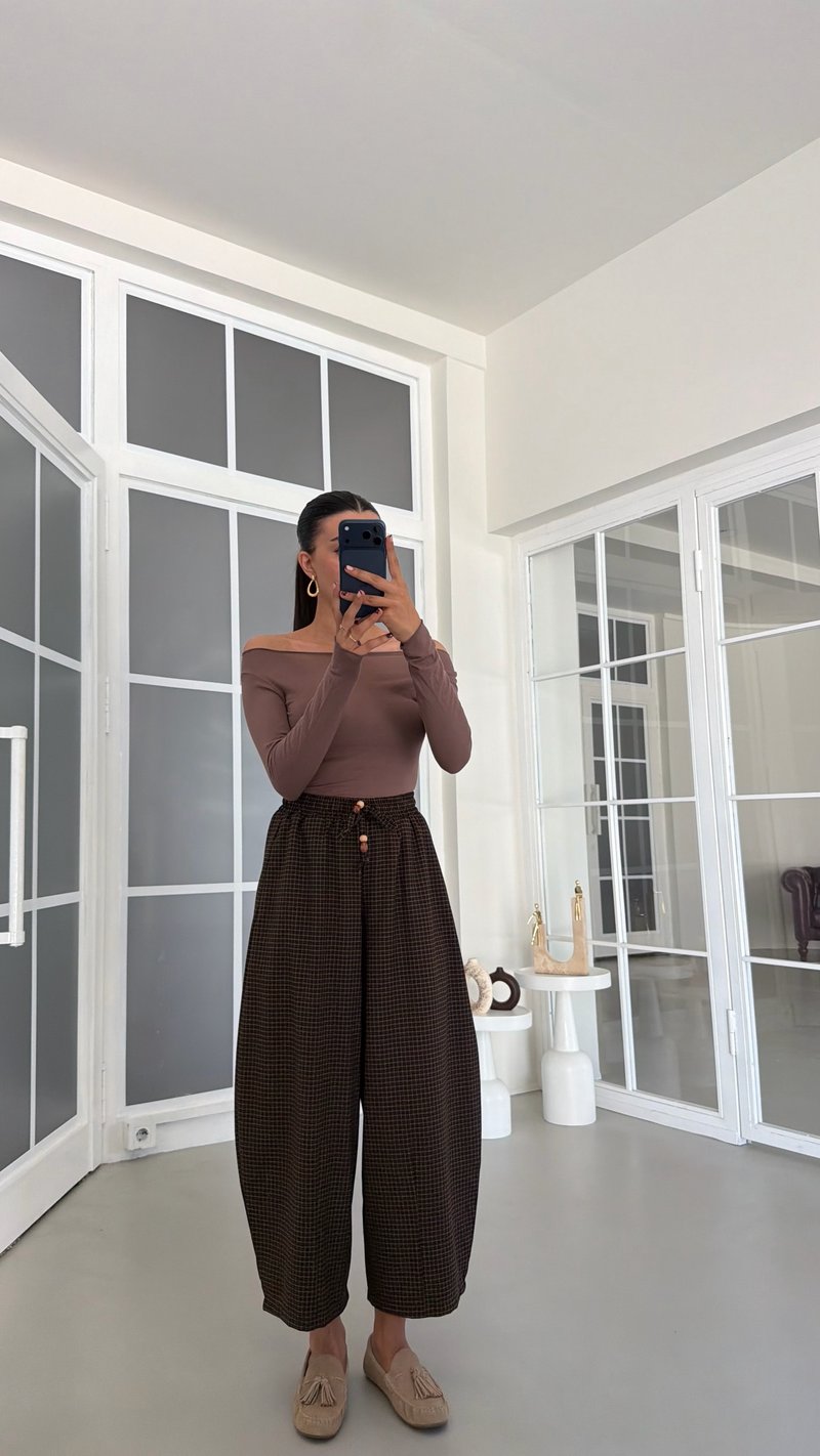 Kahve Beli Lastikli Kareli Balon Pantolon GAUS-01894