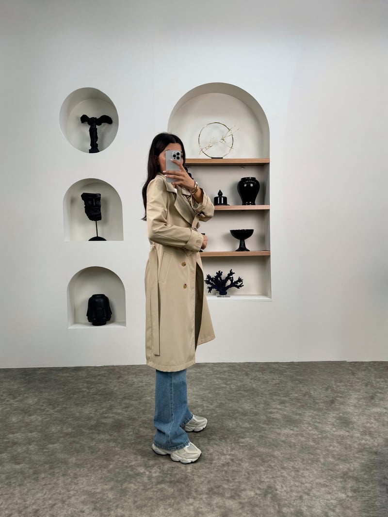 Hana Taş Premium Kemerli Astarlı Muadil Trençkot