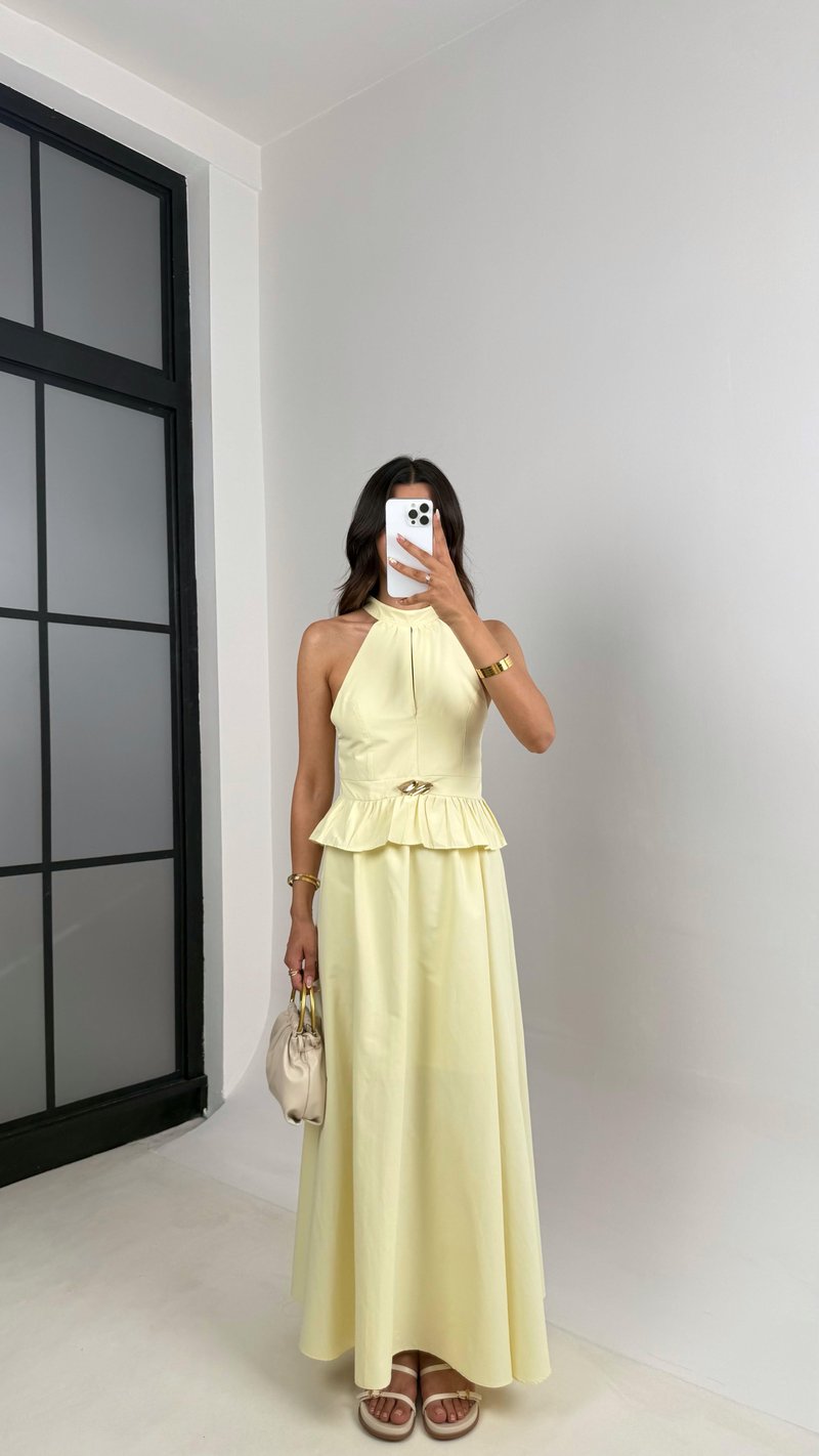 Sarı Gold Toka Detaylı Bluz Beli Lastikli Etek İkili Takım Gaus00678