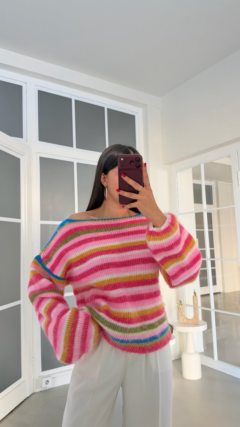 Pembe Kayık Yaka Şeritli Triko Kazak GAUS-02278