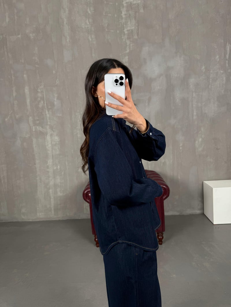 Koyu Mavi Çıtçıt Düğmeli Gömlek Pantolon Denim Takım Gaus0002