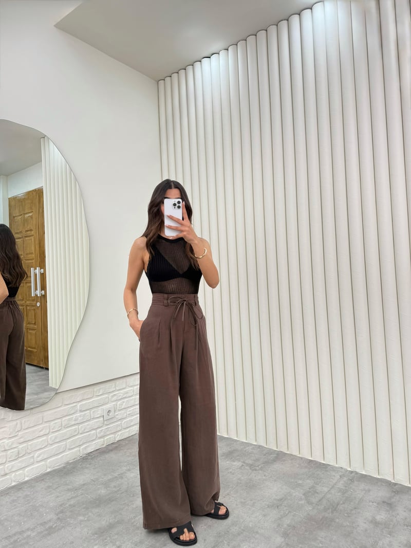 Kahve Çift Kuşaklı Tensel Kırışık Kumaş Palazzo Pantolon Gaus00302