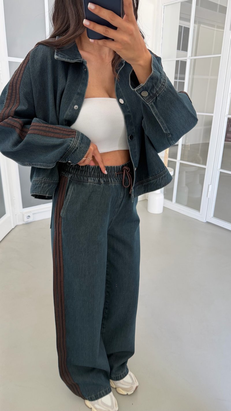 Kahve Şerit Detaylı Ceket Beli Lastikli Pantolon İkili Denim Takım GAUS-02094