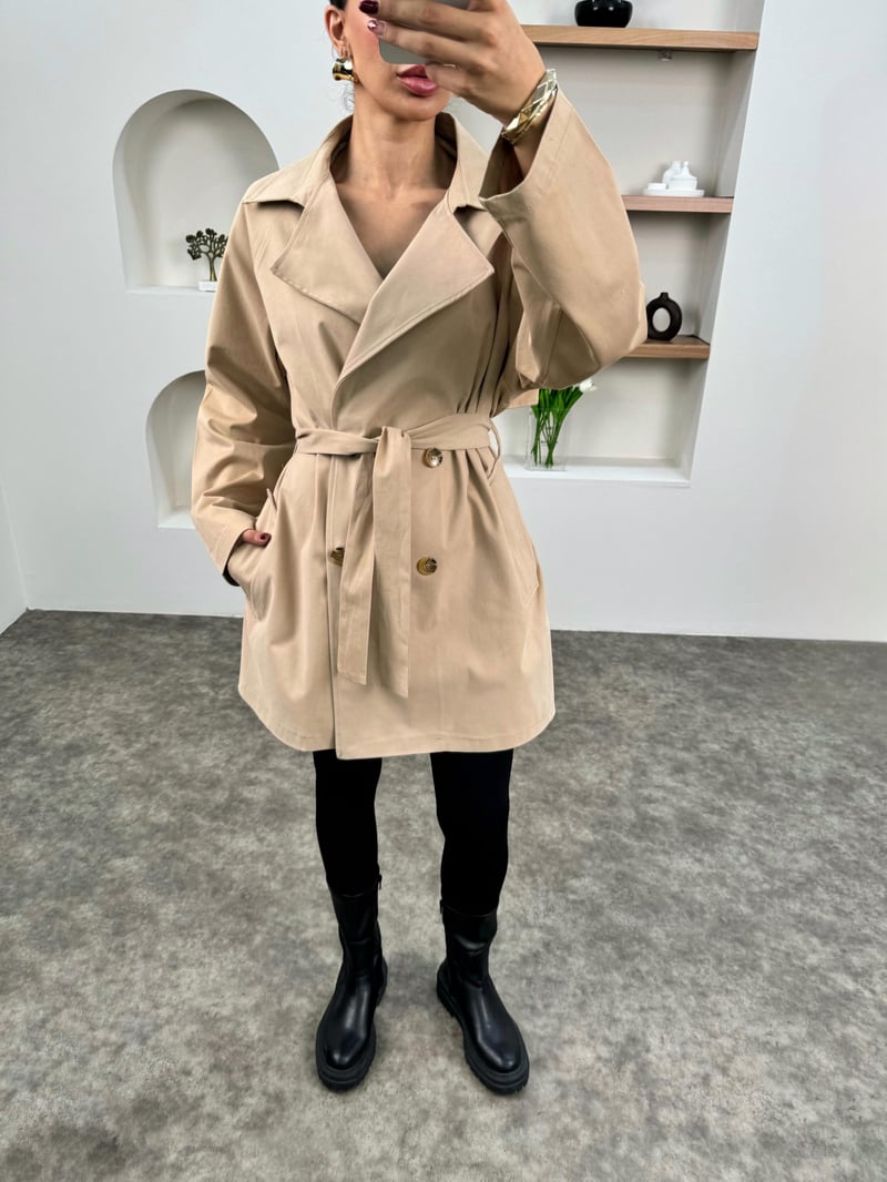 Anabel Bej Kemerli Orta Boy Astarsız Trençkot