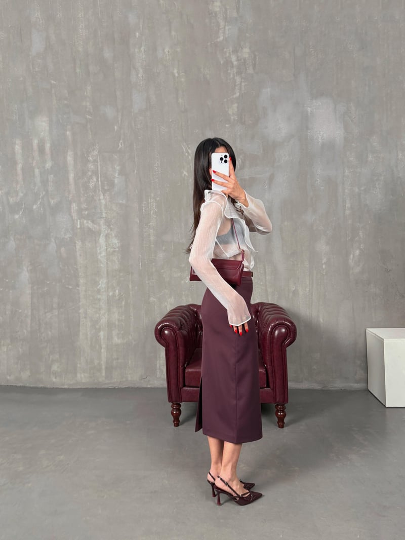 Nalya Bordo ZR Model Yırtmaçlı Kalem Etek