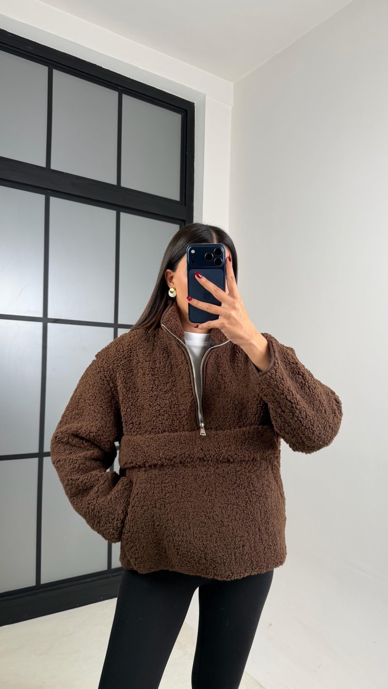 Acı Kahve Cepli Yaka Fermuarlı Peluş Sweatshirt GAUS-00672