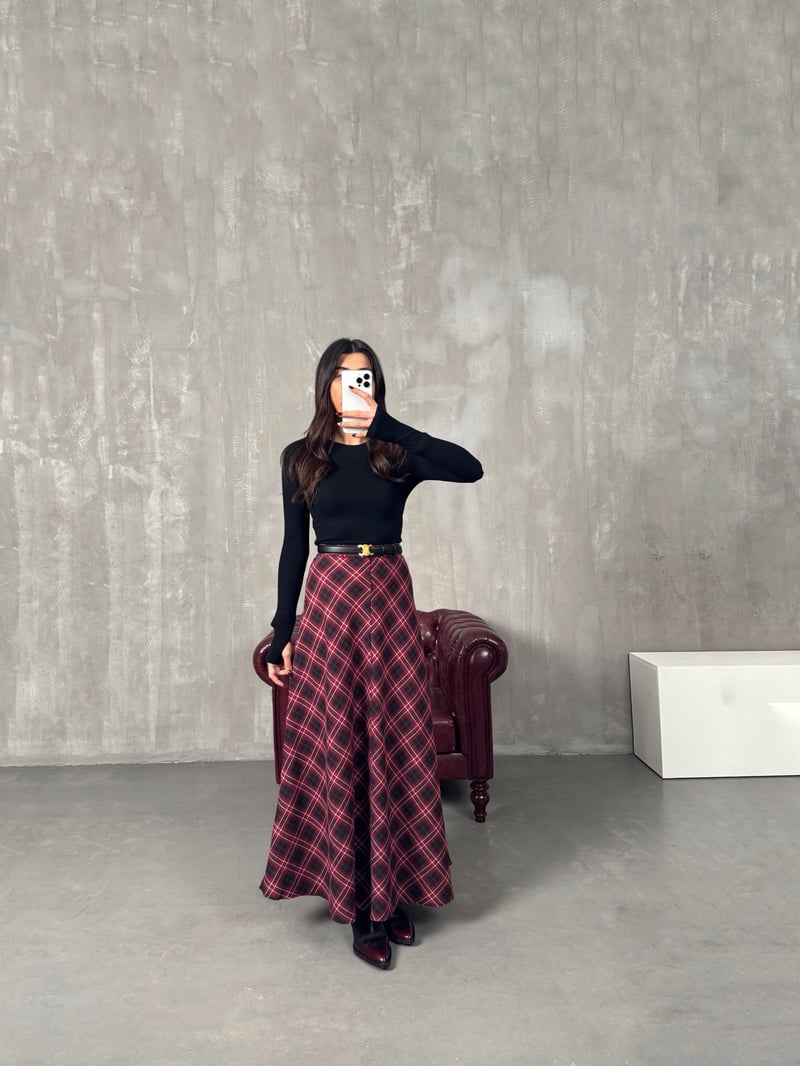 Gven Bordo Ekoseli Vintage Etek
