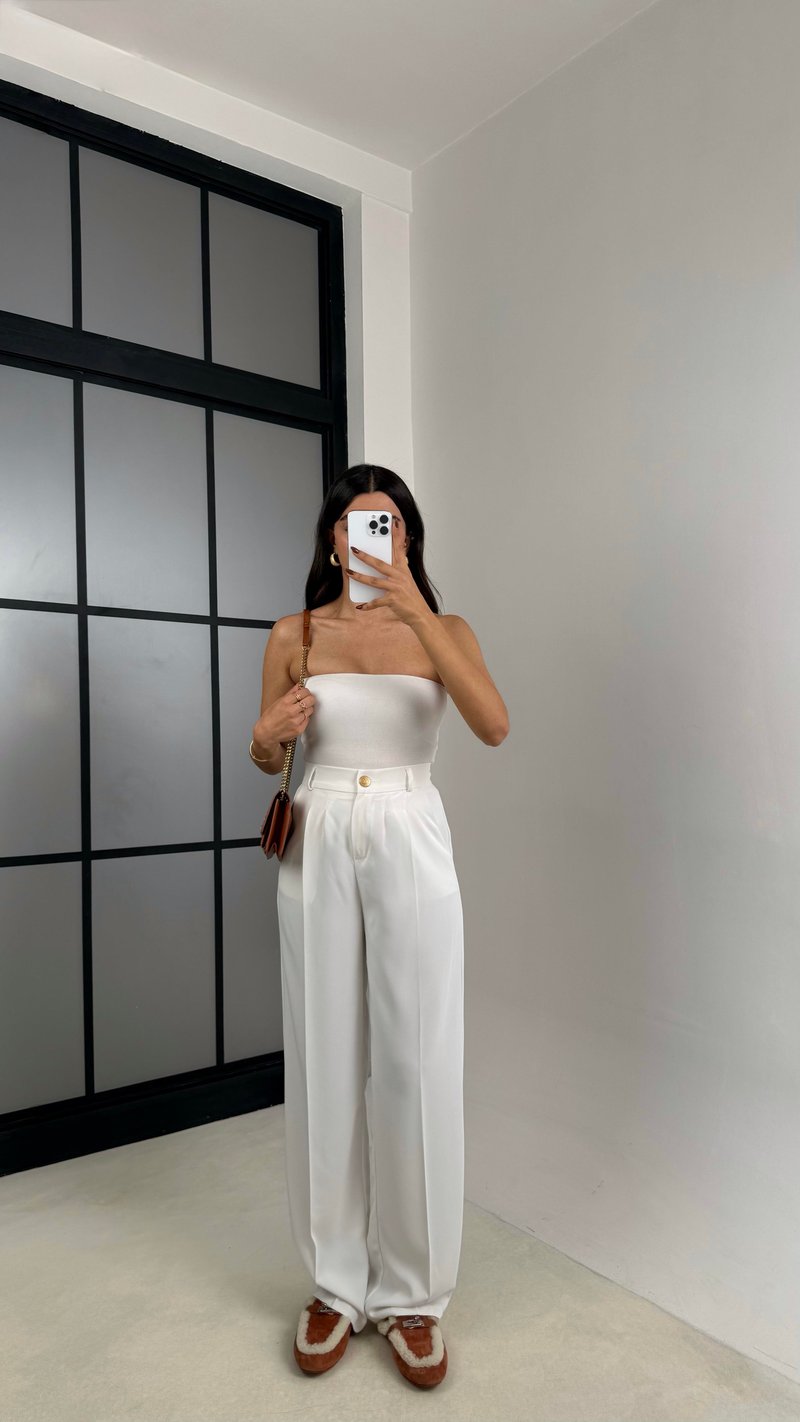 Beyaz Gold Düğmeli Beli Lastikli Premium Pantolon GAUS-00141