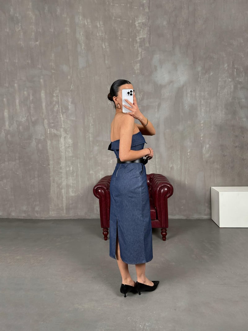 Eleta Mavi Tensel Denim Straplez Kemerli Elbise 