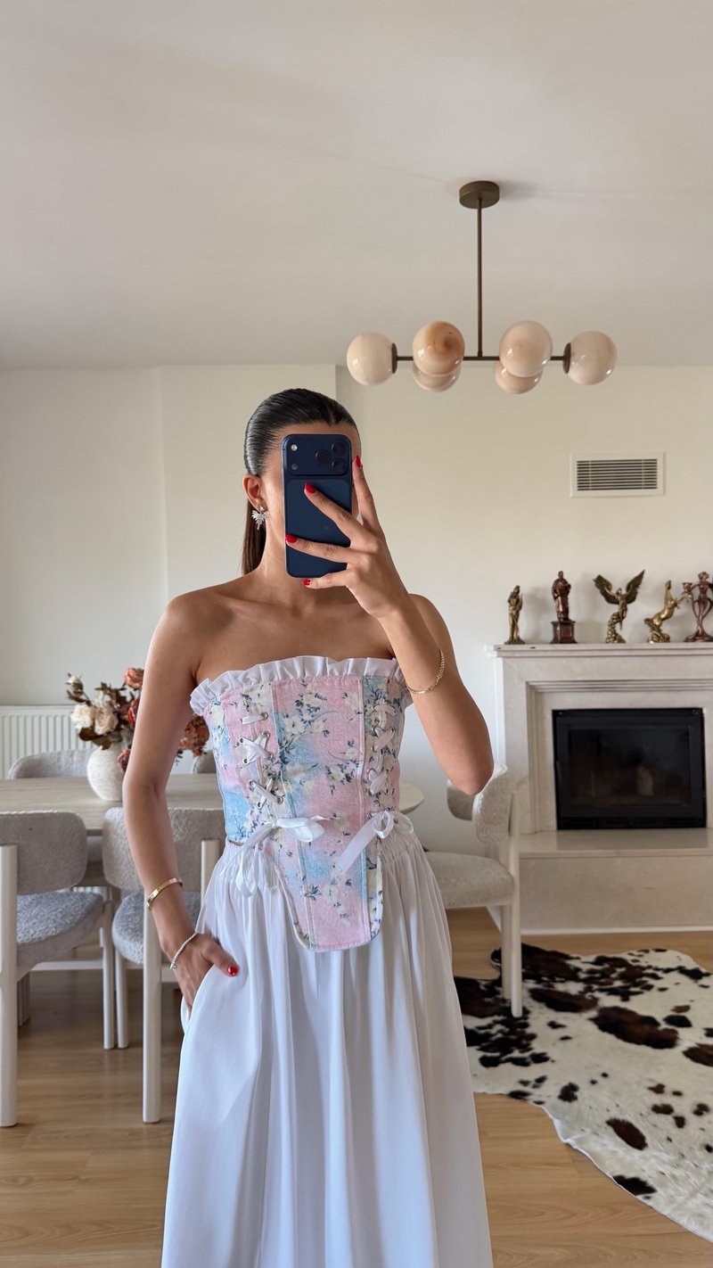 Pembe Çiçek Desenli Tasarım Korse GAUS-01611