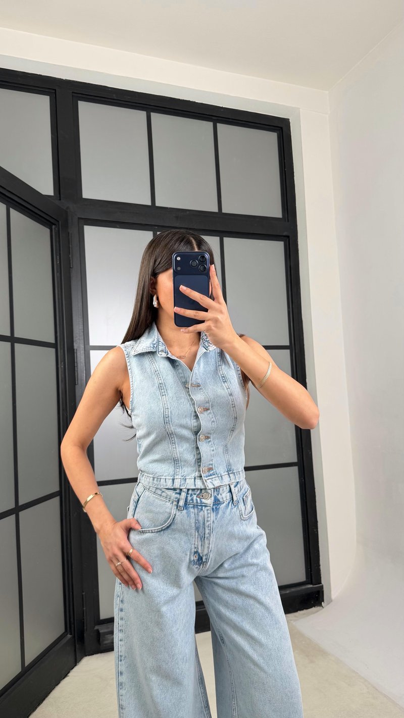 Buz Mavi Yelek Pantolon Premium Denim Takım GAUS-01285