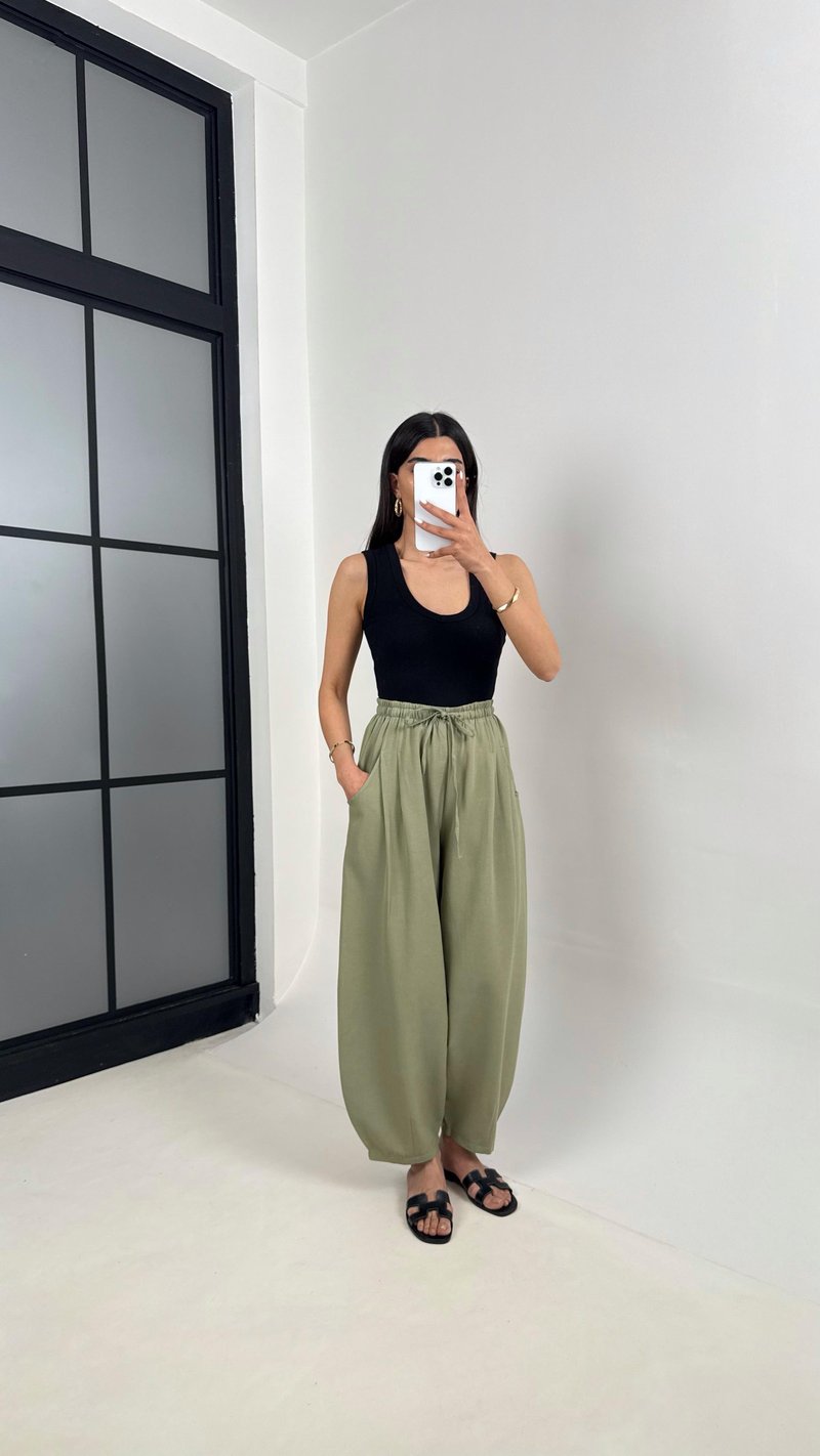 Haki Beli Lastikli Cepli Balon Keten Pantolon Gaus00391