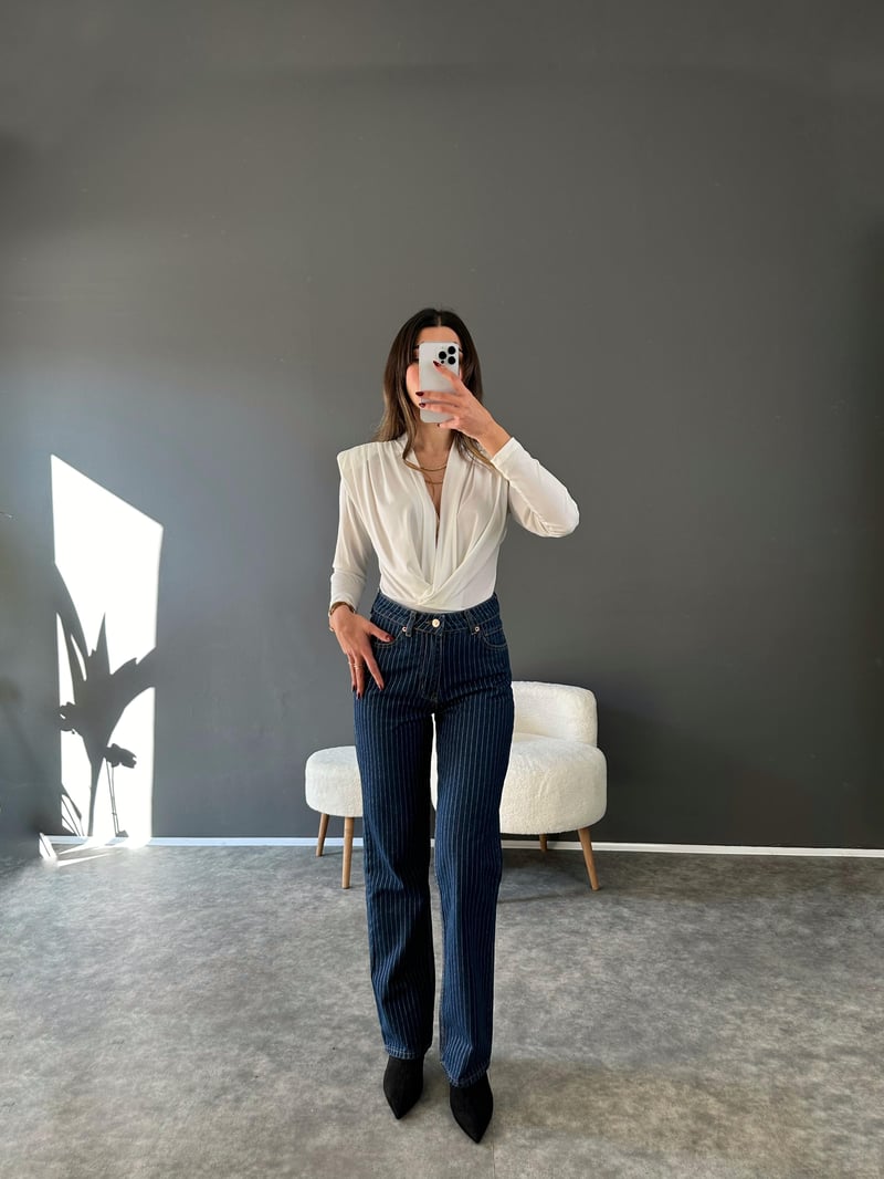 Premium Dark Blue Simli Çizgili Jean 