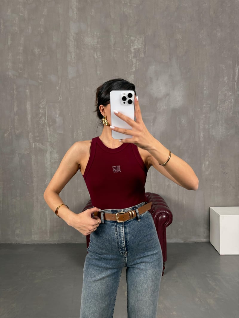 Bordo Taş Baskılı Sıfır Kol Tshirt Gaus00046