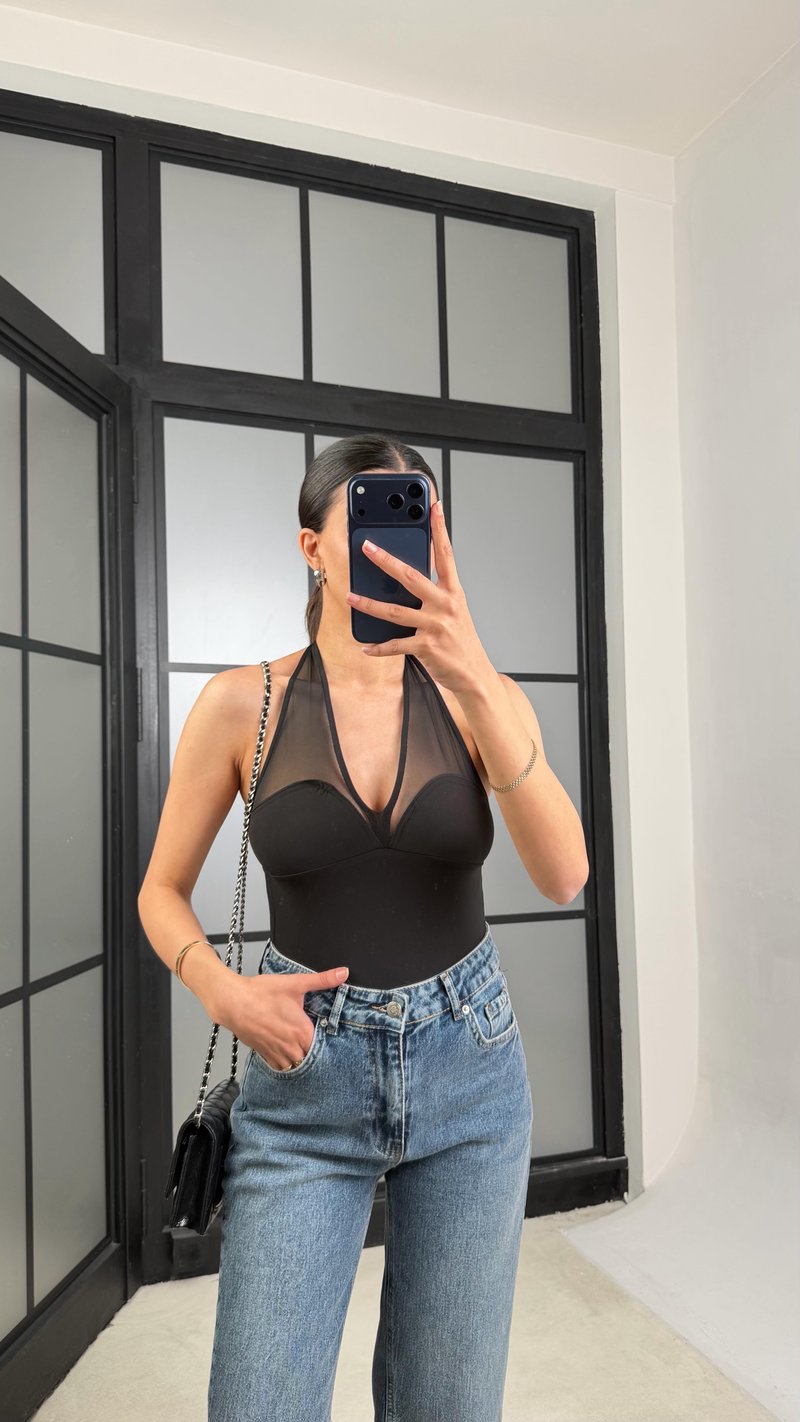 Siyah Boyundan Bağlamalı Transparan Bodysuit GAUS-01468