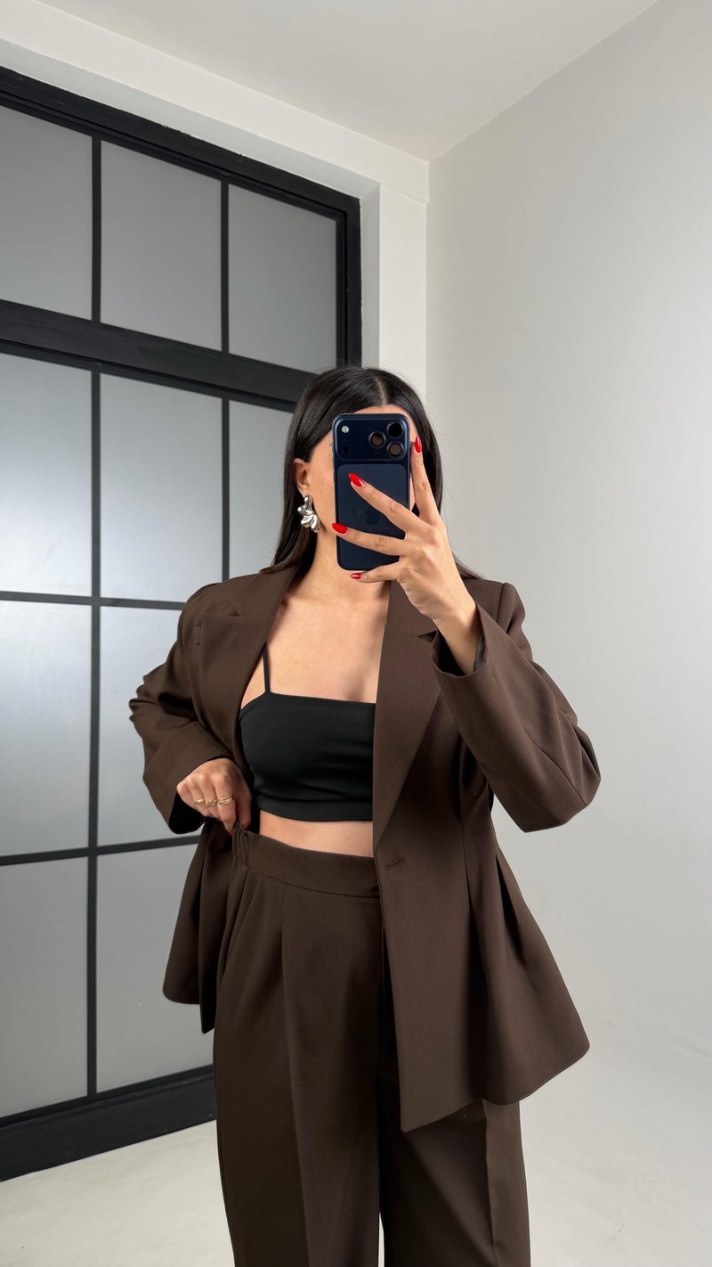Kahve Vatkalı Astarlı Ceket Beli Lastikli Pantolon Premium Takım GAUS-00982