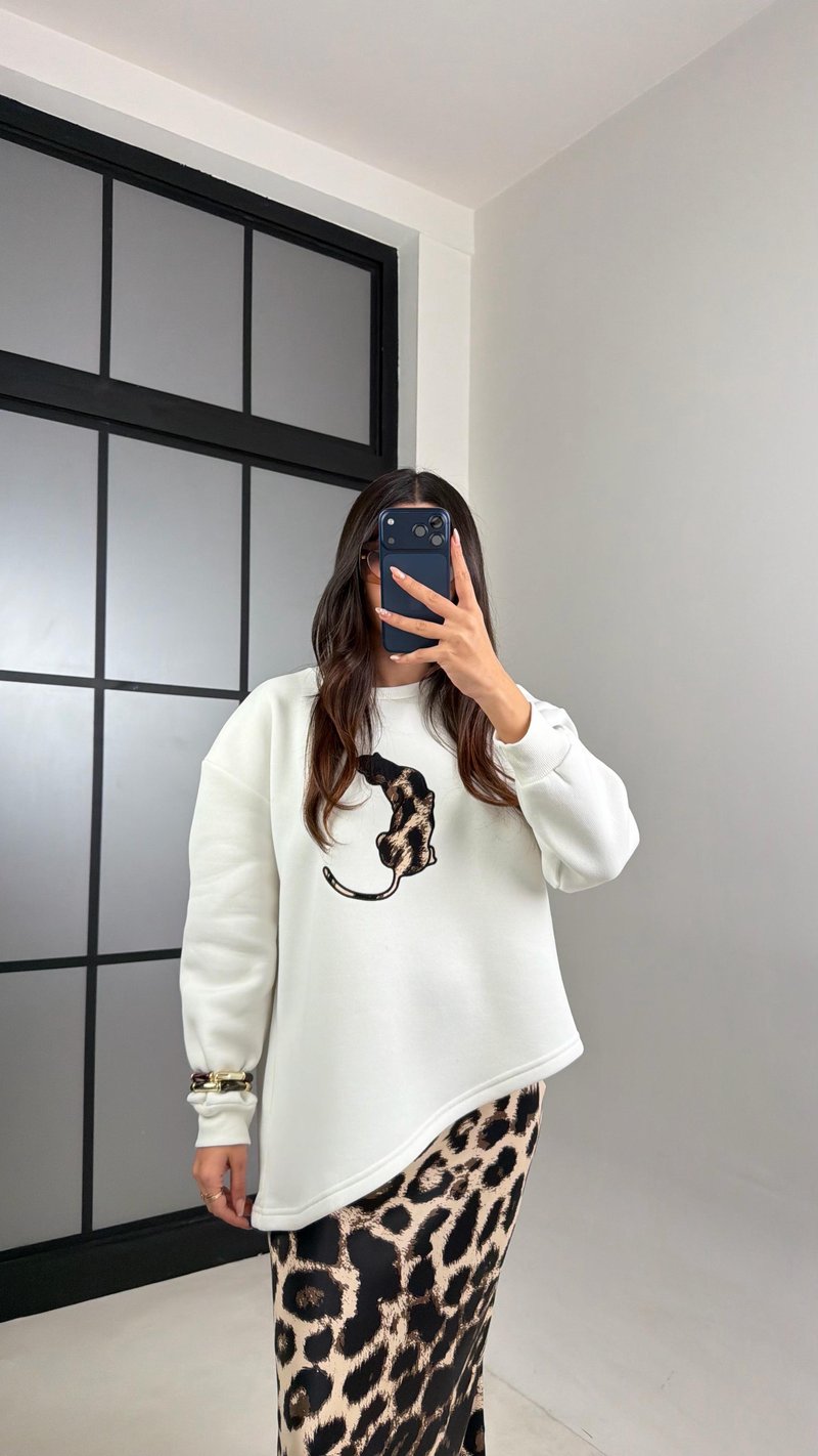 Beyaz LEOPAR DESENLİ BLUZ ETEK SATEN TAKIM GAUS-00903