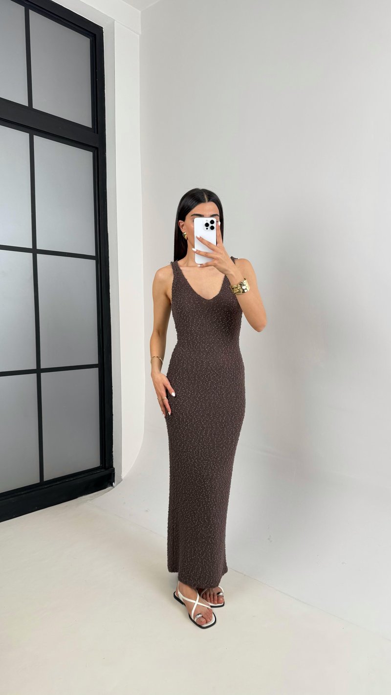 Kahve V Yaka Askılı Triko Elbise Gaus00412