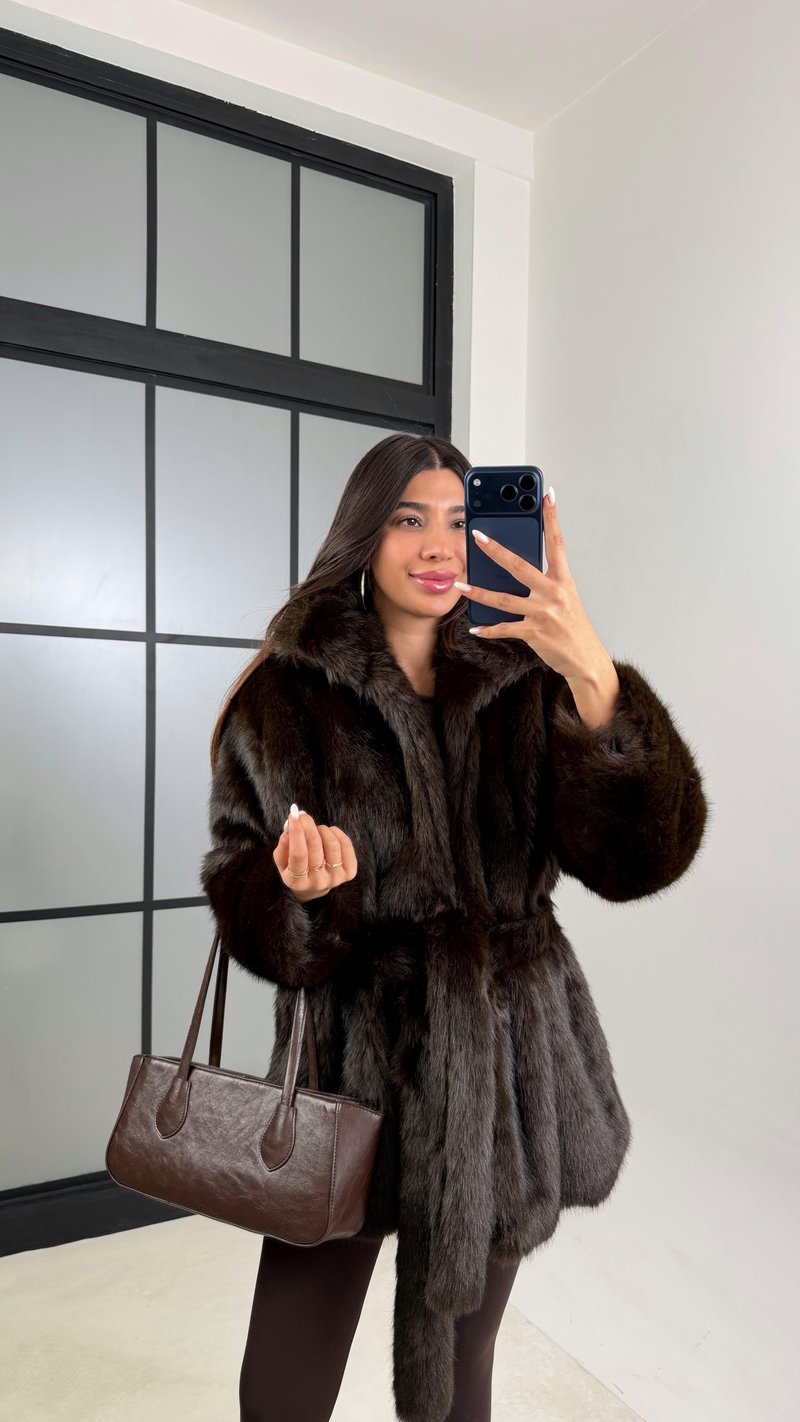 Acı Kahve Astarlı Kuşaklı Premium Kürk GAUS-00649