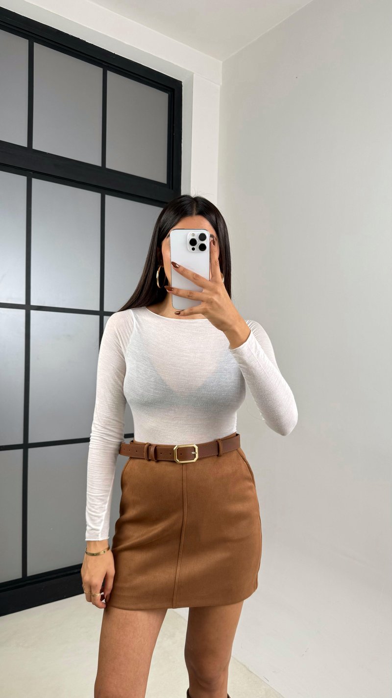 Kahve Kemerli Süet Şort Etek GAUS-00169