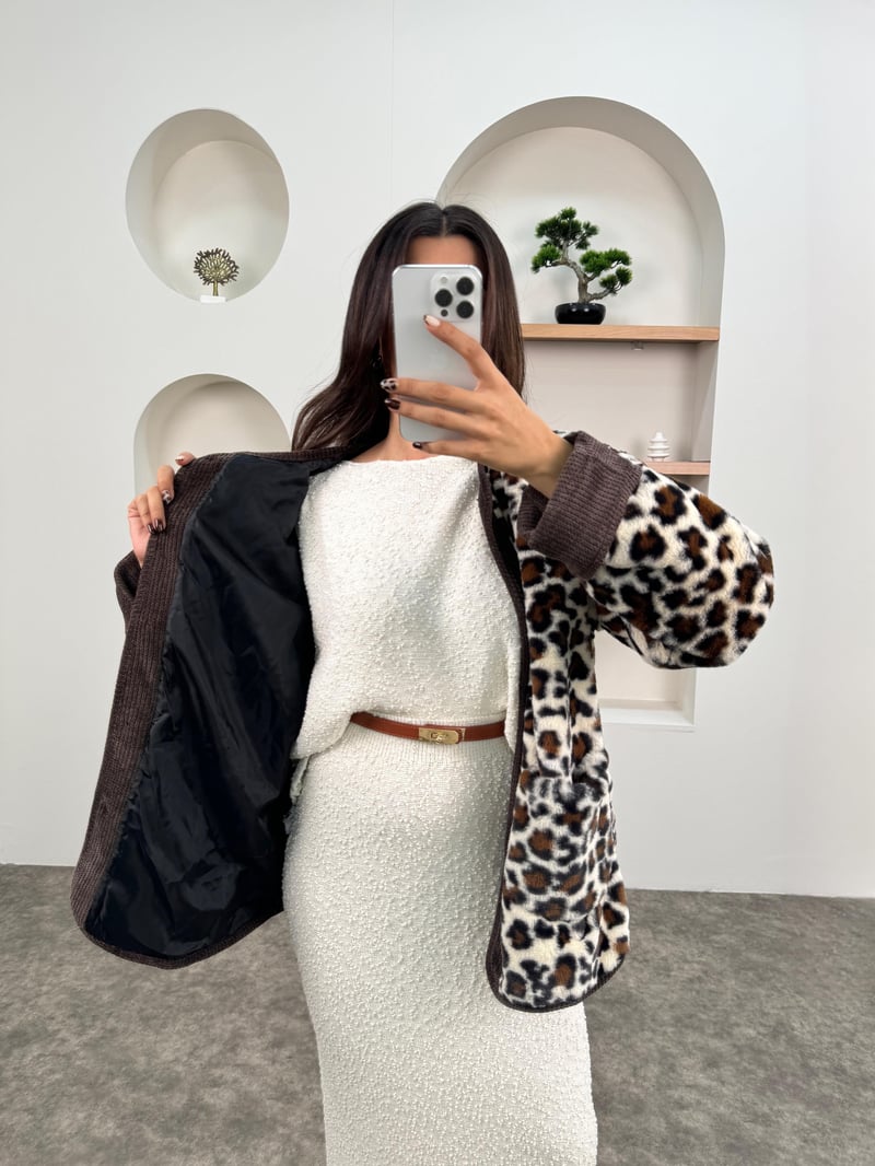 Tirel Kahve Leopar Desenli Peluş Tasarım Ceket