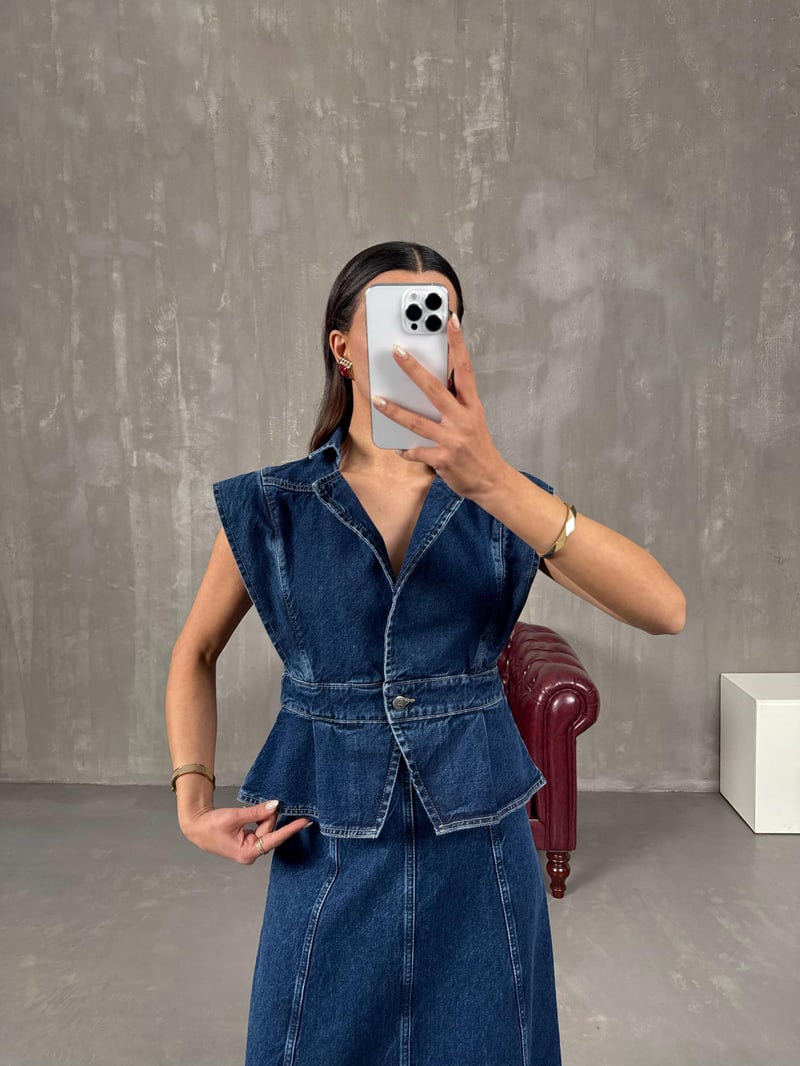 Rose Lacivert Denim Yelek