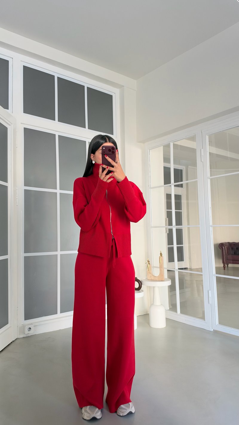 Kırmızı Çift Fermuarlı Hırka Beli Lastikli Pantolon İkili Triko Takım GAUS-02169