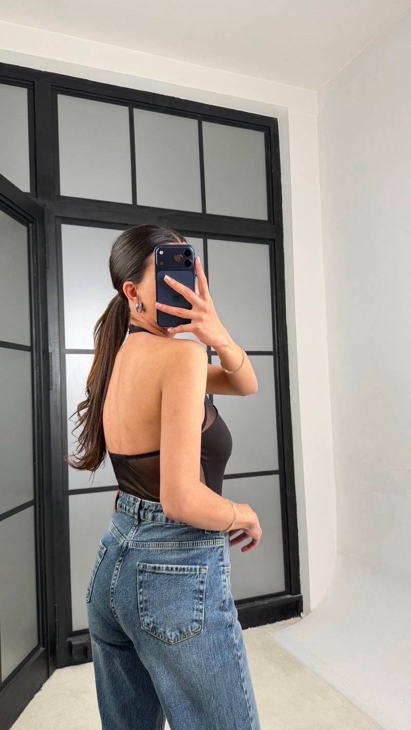 Siyah Boyundan Bağlamalı Transparan Bodysuit GAUS-01468