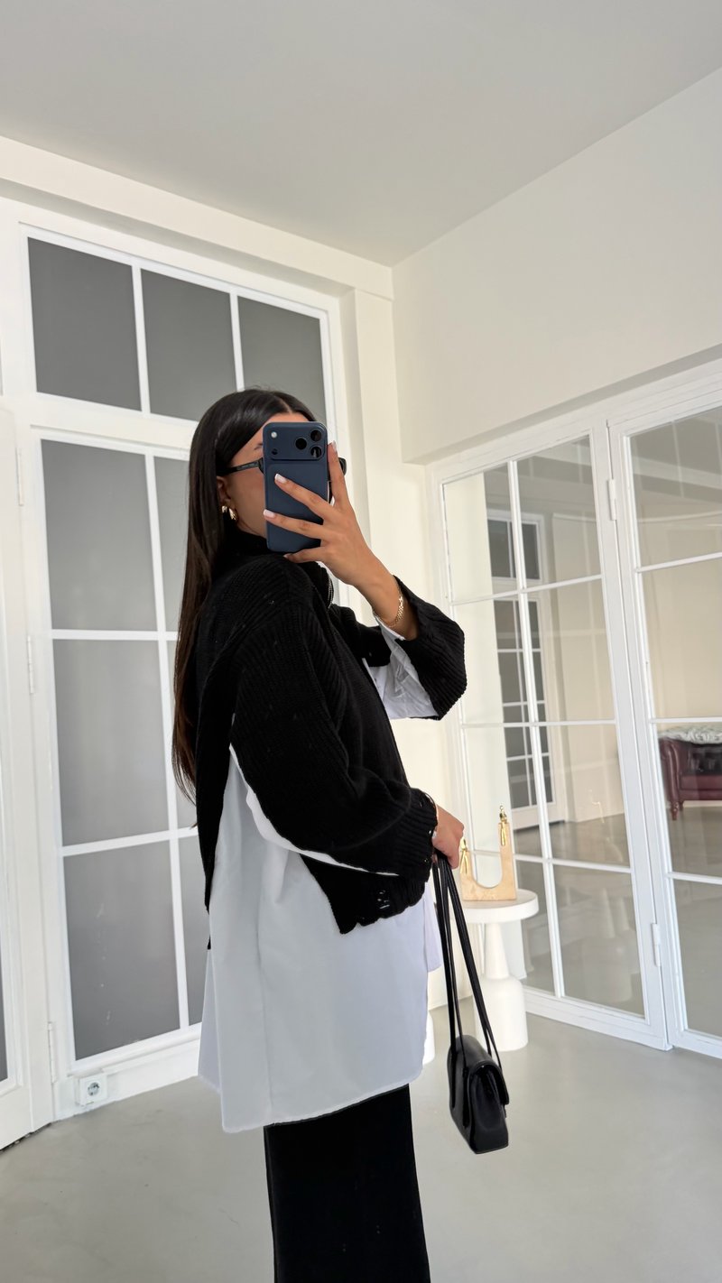 Siyah Gömlek Detaylı Örme Hırka Beli Lastikli Cepli Pantolon İkili Triko Takım GAUS-02132