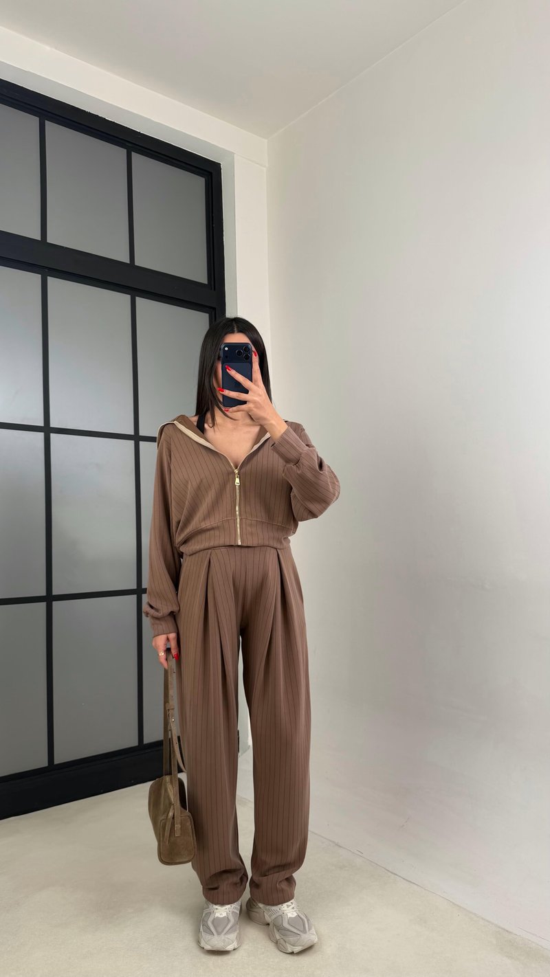 Kahve Hırka Beli Lastikli Pantolon OYS Model Premium Modal Takım GAUS-01023