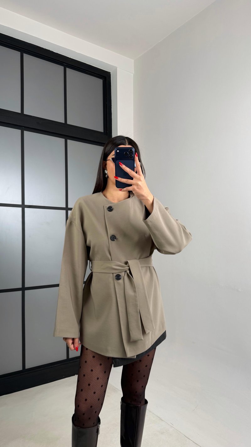 Haki Astarlı Kemerli Muadil Ceket GAUS-00990