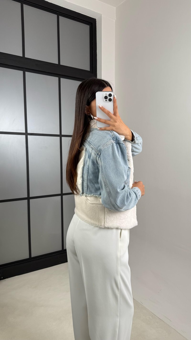 Ekru Denim Detaylı Peluş Ceket GAUS-00583