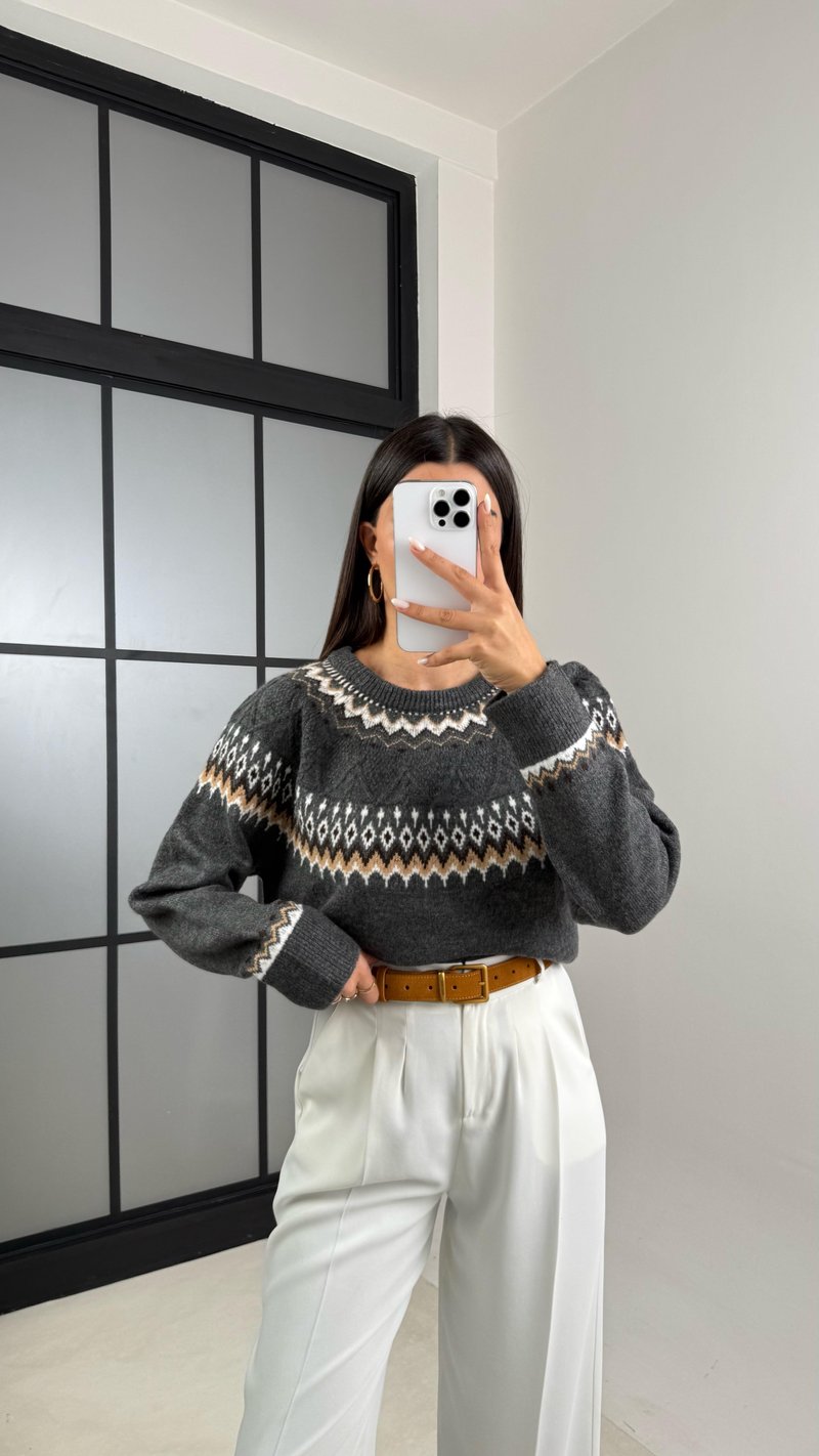 Antrasit Desenli Vintage Triko Kazak GAUS-00494