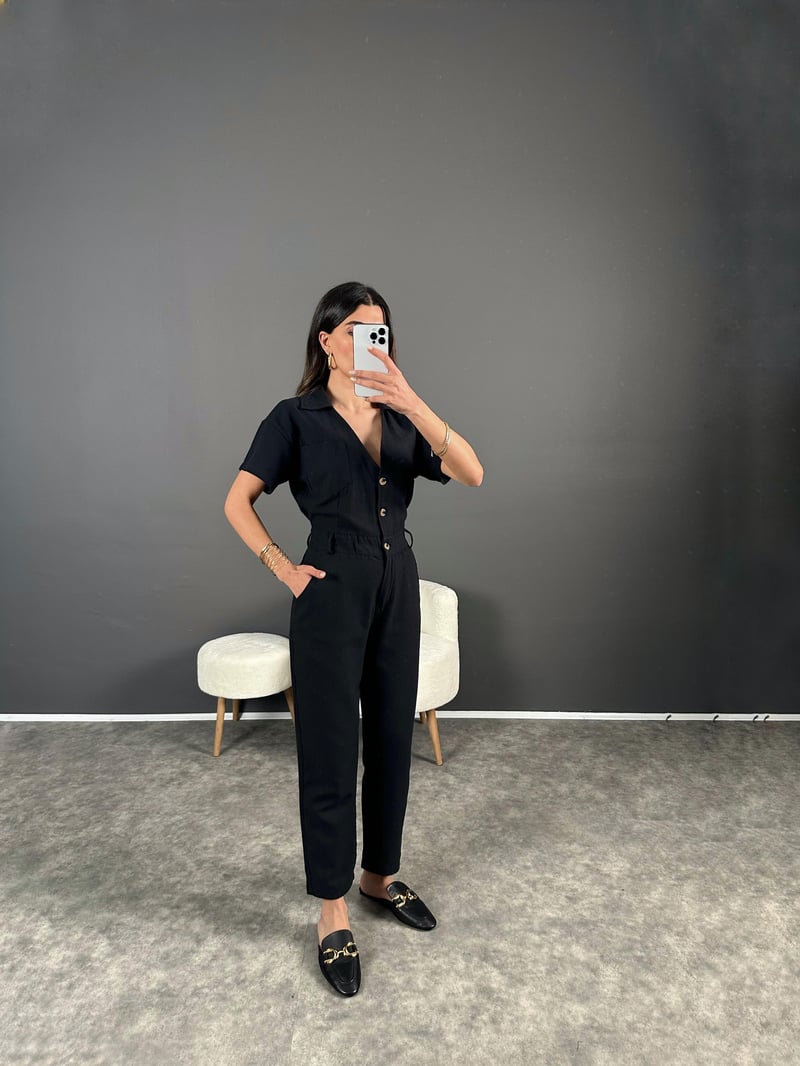 Holi Siyah Arkası Lastikli Premium Keten Tulum